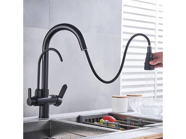Смеситель для кухни латунный с подключением к фильтру, кран кухонный с выдвижным шлангом WanFan Черный - Фото 4