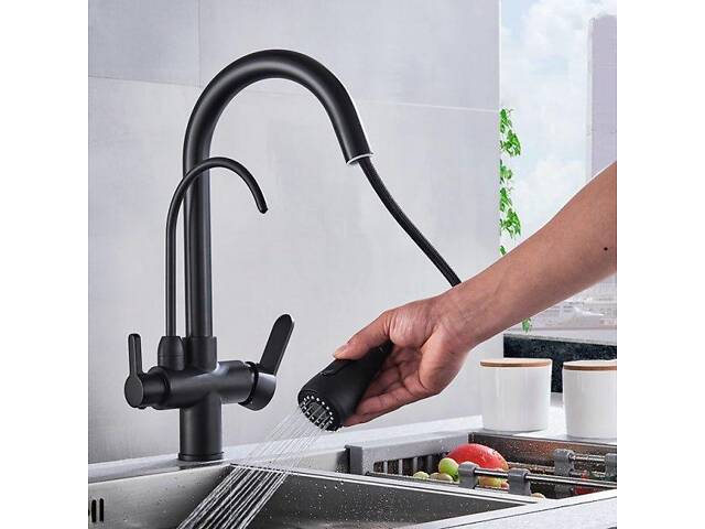 Смеситель для кухни латунный с подключением к фильтру, кран кухонный с выдвижным шлангом WanFan Черный - Фото 5