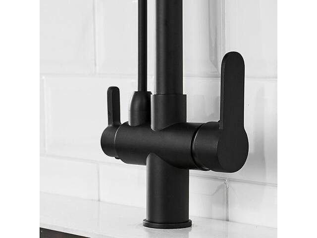 Смеситель для кухни латунный с подключением к фильтру, кран кухонный с выдвижным шлангом WanFan Черный - Фото 10