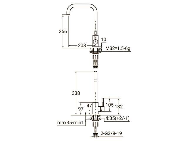 Смеситель KT Ø35 для кухни Г-гусак на гайке SS AQUATICA KT-4B270P (9722111) - Фото 2