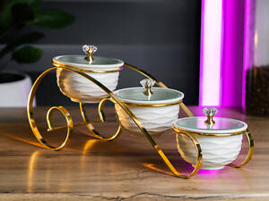 Соусниці набір 3 шт по 180 мл керамічні соусники на металевій підставці з кришками