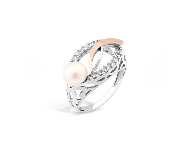 Серебряное кольцо с золотом, фианитами и жемчужиной размер 17; 17.5; 18.5 - Фото 9