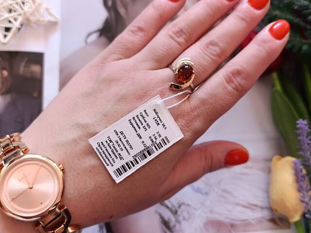 Серебряное кольцо с золотом и янтарем размер 18.5; 19 - Фото 3