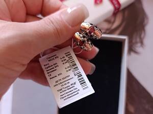 Срібні сережки з золотом, фіанітами і червоною емаллю