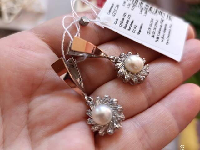 Срібні сережки з золотом і перлинами - Фото 7