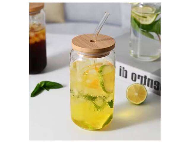 Склянка з трубочкою та бамбуковою кришкою Minimalism, 530 мл - Фото 4