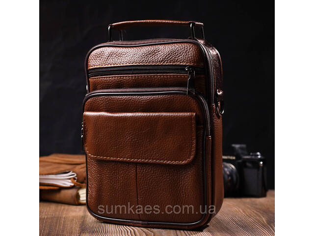 Стильна вертикальна чоловіча сумка із натуральної шкіри Vintage 21954 Світло-коричнева - Фото 8