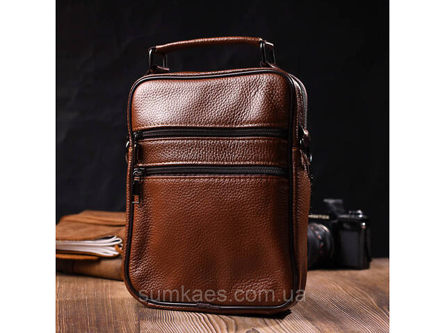 Стильна вертикальна чоловіча сумка із натуральної шкіри Vintage 21954 Світло-коричнева - Фото 9