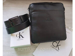 Стильний шкіряний набір Calvin Klein black, сумка месенджер та ремінь