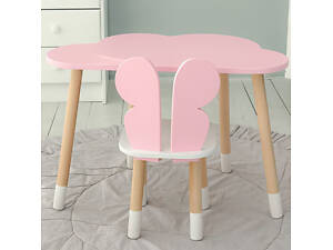 Стіл хмаринка 46х70х40 та стільчик метелик 26.5х26х25, дитячий столик та стілець для малювання/занять, рожевий з білим