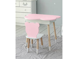 Столик облачко с нишей для вещей 54х68х50 и стул спинка медведик 26.5х26х25, стол и стул в детскую, белый с розовым.