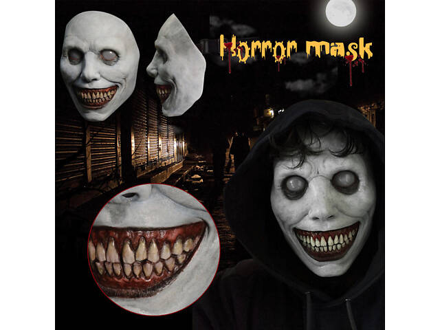 Страшна маска на Геловін RESTEQ — моторошна усміхнена маска з білими очима та шкірою, 22×18 см - Фото 6