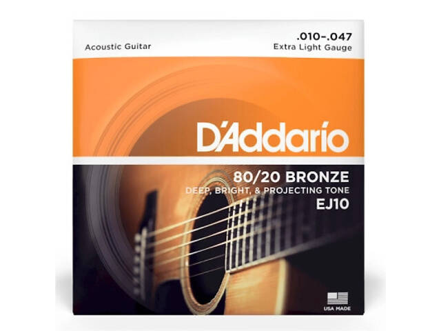 Струни для гітари D'Addario Bronze 80/20 Extra Light (10-47) (EJ10) - Фото 1