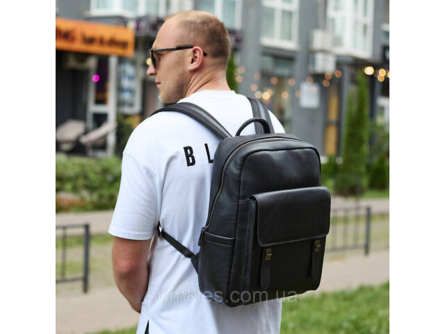 Стильний чоловічий шкіряний рюкзак 40х30х17, практичний аксесуар для ноутбука та документів, чорний - Фото 3