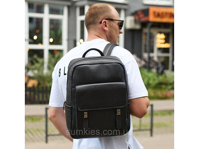 Стильний чоловічий шкіряний рюкзак 40х30х17, практичний аксесуар для ноутбука та документів, чорний - Фото 2