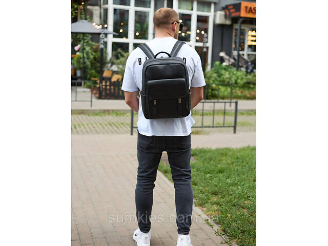 Стильний чоловічий шкіряний рюкзак 40х30х17, практичний аксесуар для ноутбука та документів, чорний - Фото 7