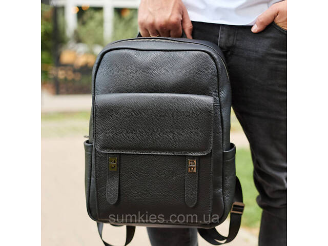 Стильний чоловічий шкіряний рюкзак 40х30х17, практичний аксесуар для ноутбука та документів, чорний - Фото 1