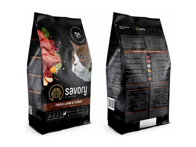 Сухий корм для кошек Savory Adult Cat Sensitive Digestion Fresh Lamb and Turkey 400 г (4820232630075) - Фото 2