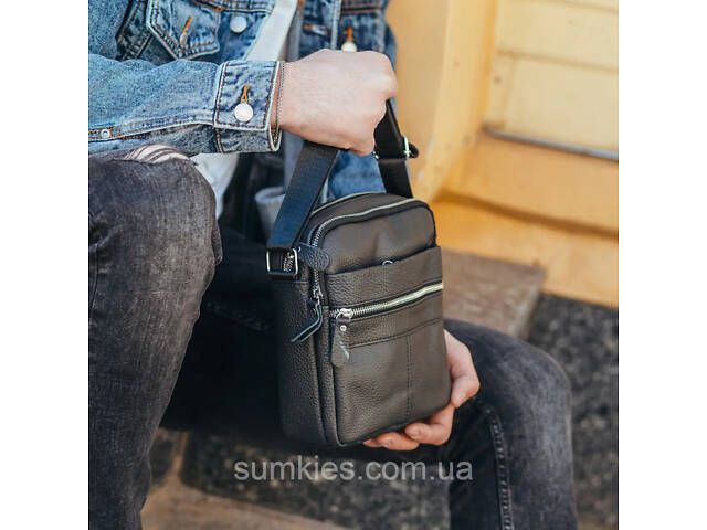 Сумка-барсетка чоловіча 19х22х5, месенджер через шкіряне плече Tiding Bag BON6165 чорний - Фото 3