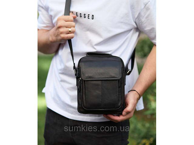 Сумка-барсетка чоловіча через плече 19х24х8, месенджер шкіряний гладкий Tiding Bag TD-55467 чорний колір - Фото 2