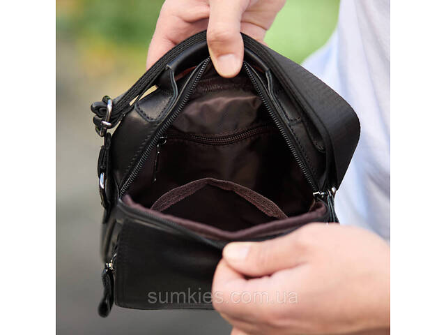 Сумка-барсетка чоловіча через плече 19х24х8, месенджер шкіряний гладкий Tiding Bag TD-55467 чорний колір - Фото 4