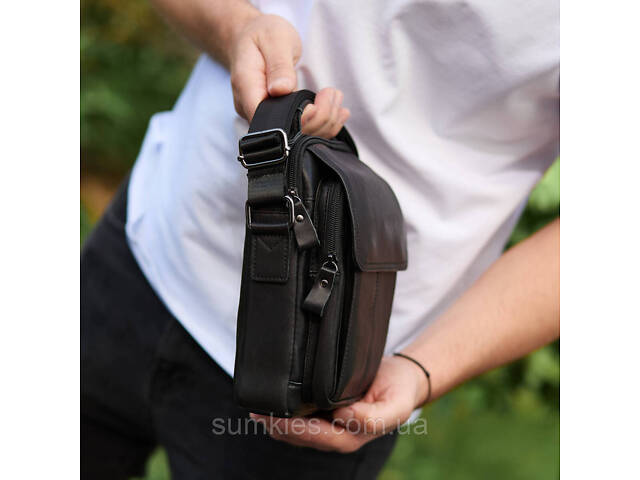 Сумка-барсетка чоловіча через плече 19х24х8, месенджер шкіряний гладкий Tiding Bag TD-55467 чорний колір - Фото 5