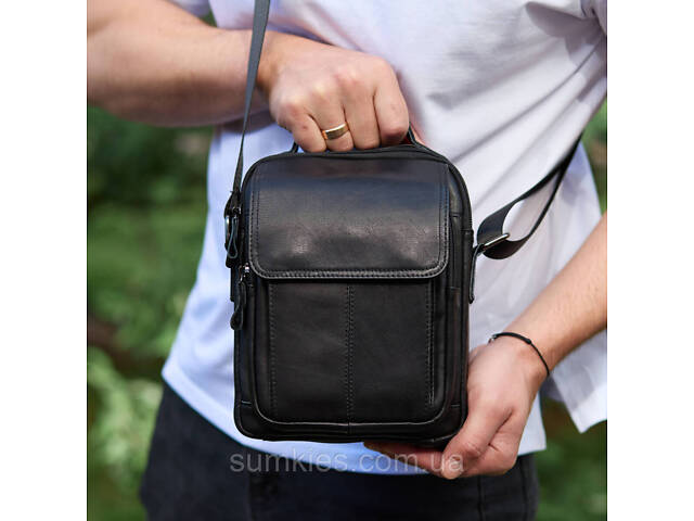 Сумка-барсетка чоловіча через плече 19х24х8, месенджер шкіряний гладкий Tiding Bag TD-55467 чорний колір - Фото 6