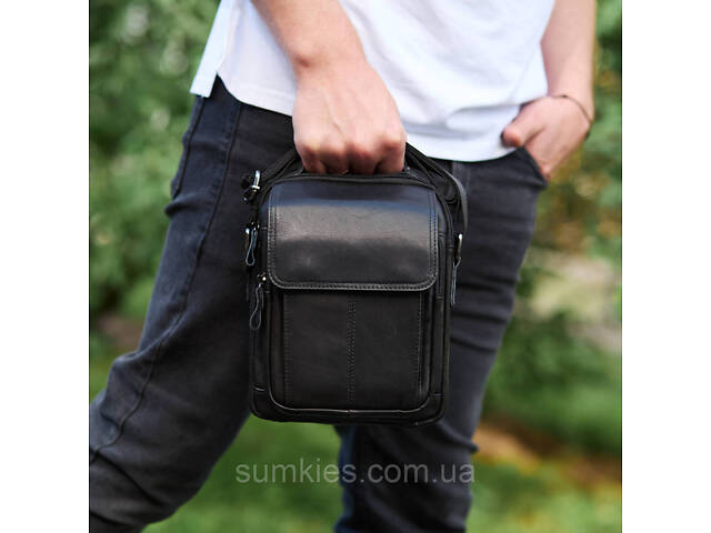 Сумка-барсетка чоловіча через плече 19х24х8, месенджер шкіряний гладкий Tiding Bag TD-55467 чорний колір - Фото 8