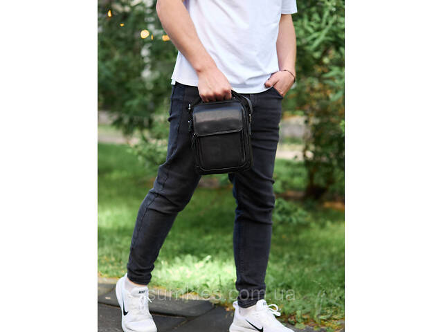 Сумка-барсетка чоловіча через плече 19х24х8, месенджер шкіряний гладкий Tiding Bag TD-55467 чорний колір - Фото 9