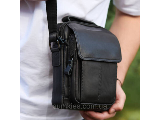 Сумка-барсетка чоловіча через плече 19х24х8, месенджер шкіряний гладкий Tiding Bag TD-55467 чорний колір - Фото 1