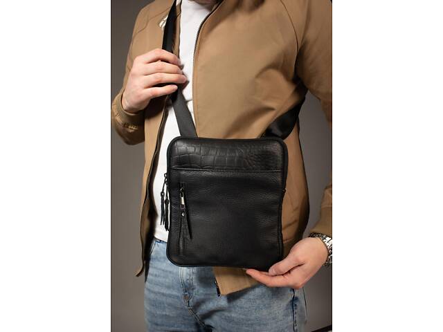 Сумка-мессенджер из натуральной кожи, сумка через плечо мужская (черная) - Фото 1