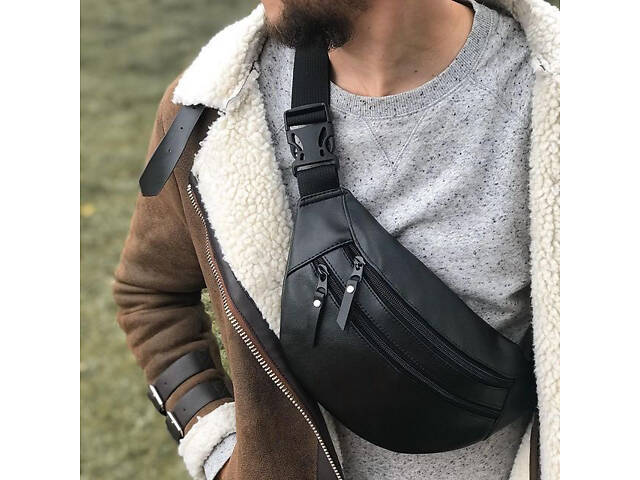 Сумка на пояс з еко-шкіри. Сумка через плече. Бананка чоловіча, жіноча. Колір чорний - Фото 10