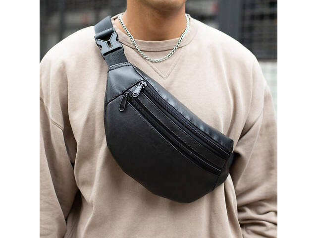 Сумка на пояс з еко-шкіри. Сумка через плече. Бананка чоловіча, жіноча. Колір чорний - Фото 12