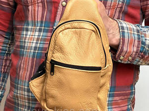 Сумка слінг шкіряна Gofin бежевана три замка 27х16 см SMK-20060