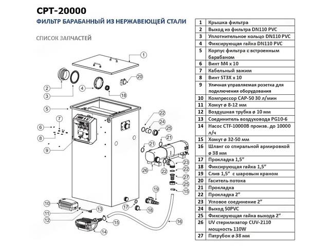 SunSun Фильтр прудовый-барабанный SunSun CPT-20000 с УФ, для водоёмов до 60 м³, из нержавеющей стали - Фото 5