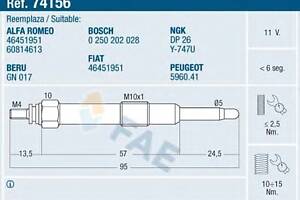 Свеча накаливания для моделей: ALFA ROMEO (145, 146,156,166,156), FIAT (BRAVA,BRAVO,MULTIPLA)