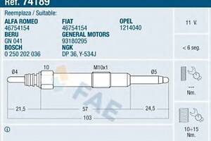 Свеча накаливания для моделей: ALFA ROMEO (145, 146,156,166,156,147), FIAT (BRAVA,BRAVO,MAREA,MAREA,MULTIPLA,STRADA,PUN