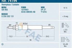 Свеча накаливания для моделей: FORD (FIESTA, FIESTA,FOCUS,FOCUS,FOCUS,FIESTA,FIESTA,TOURNEO,TRANSIT,FOCUS,FOCUS,FOCUS,F