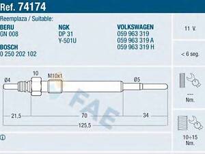 Свічка розжарення FAE 74174 на AUDI A8 седан (4D2, 4D8)