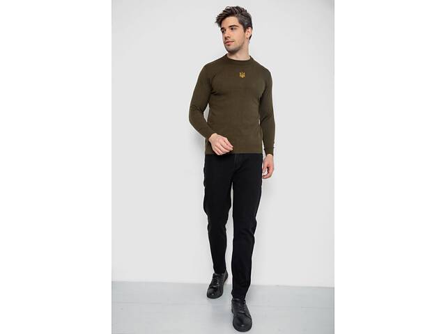 Свитер мужской однотонный с вышивкой трезубец, цвет хаки - Фото 2