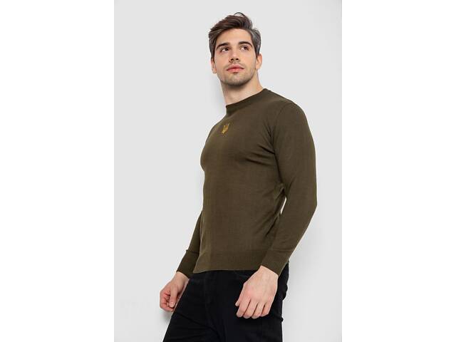 Свитер мужской однотонный с вышивкой трезубец, цвет хаки - Фото 3