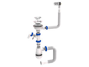 Сифон для кухонной мойки с нержавеющим выпуском 3½' выводом под стир. машину квадратным переливом и гибким отводом Ø40/5