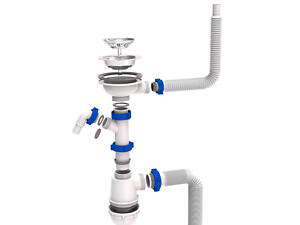 Сифон для кухонної мийки з нержавіючим випуском 3½' виводом під пральну машину квадратним переливом і гнучким відводом Ø40/5.