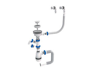 Сифон для кухонной мойки с пластиковым выпуском 3½' выводом под стир. машину круглым переливом и гибким отводом Ø40/50мм