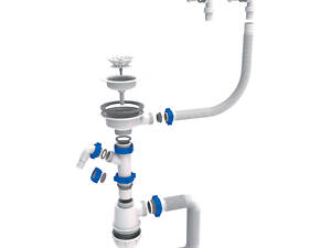 Сифон для кухонной мойки с пластиковым выпуском 3½' выводом под стир. машину круглым переливом и гибким отводом Ø40/50мм