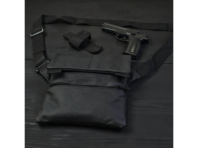Тактическая кожаная сумка с кобурой, мужской мессенджер, барсетка - черный слинг, мужская сумка через плечо кожа - Фото 4