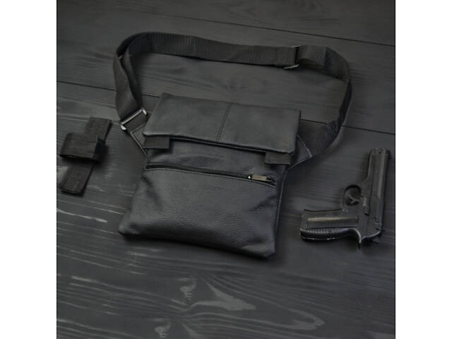 Тактическая кожаная сумка с кобурой, мужской мессенджер, барсетка - черный слинг, мужская сумка через плечо кожа - Фото 9