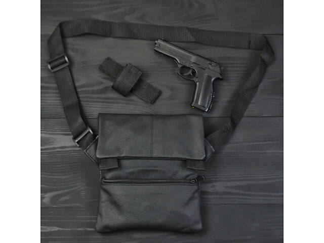 Тактическая кожаная сумка с кобурой, мужской мессенджер, барсетка - черный слинг, мужская сумка через плечо кожа - Фото 11