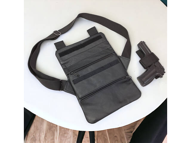 Тактическая кожаная сумка с кобурой, мужской мессенджер, барсетка - черный слинг, мужская сумка через плечо кожа - Фото 48