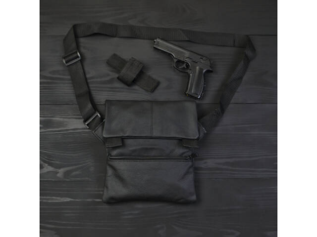 Тактическая кожаная сумка с кобурой, мужской мессенджер, барсетка - черный слинг, мужская сумка через плечо кожа - Фото 1